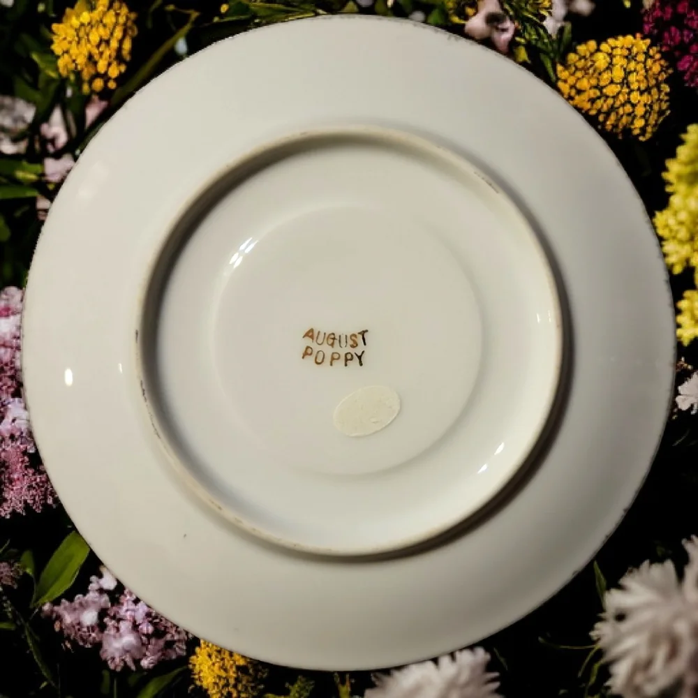 Vtg August Poppy Iridescent Demitasse Footed Cup Saucer Heavy Gold Accents